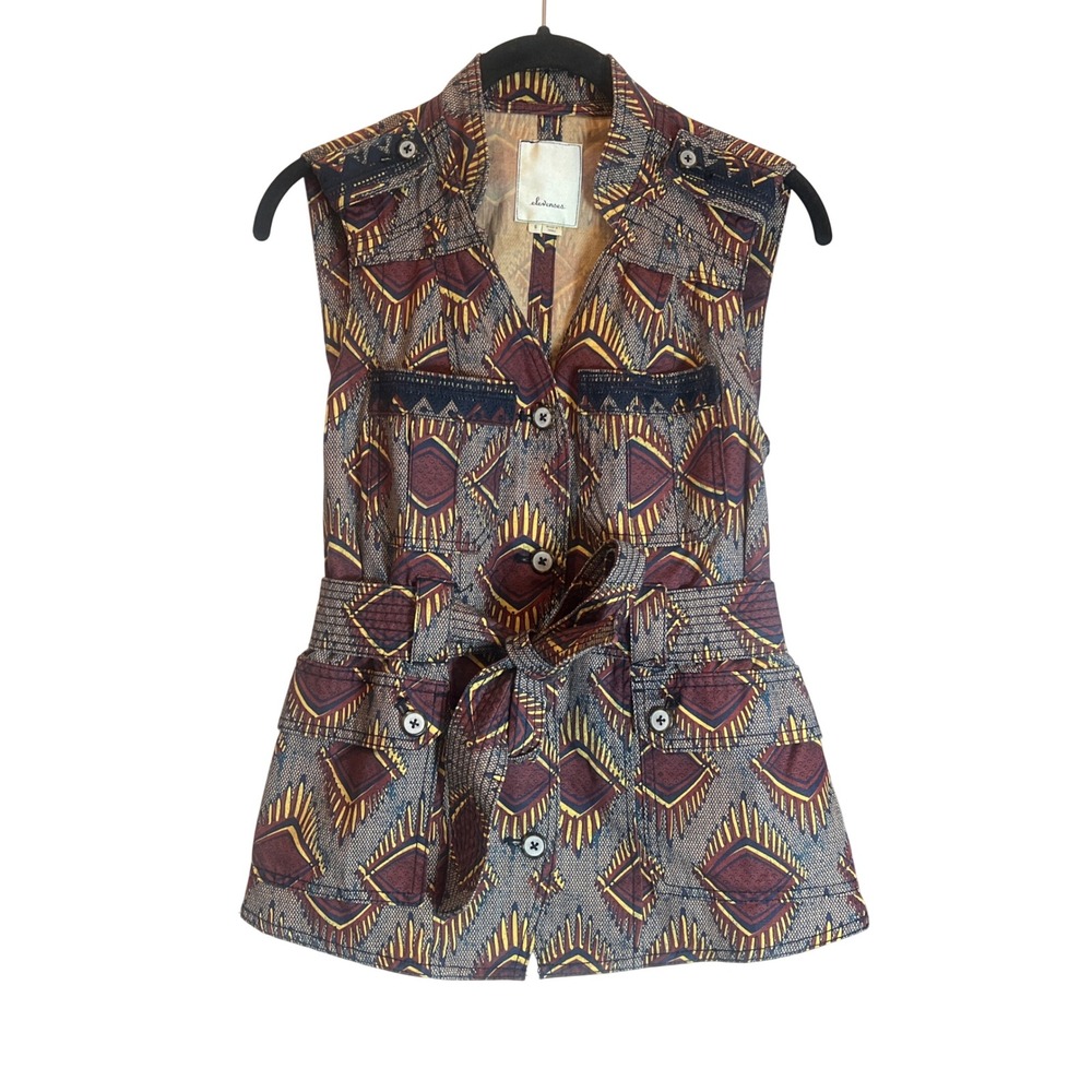 Elevenses Anthropologie Geometric Tribal Print Cotton Linen Belted Vest‎ Small